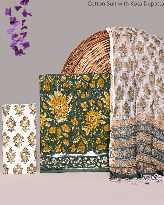 Bagrubazzar Festive Jaipur Handblock Cotton Suit Set with Kota Doria Dupatta