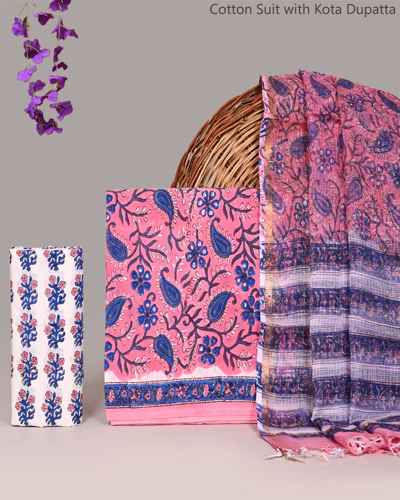 Bagrubazzar Traditional Handblock Jaipur Cotton Suit Set with Kota Doria Dupatta