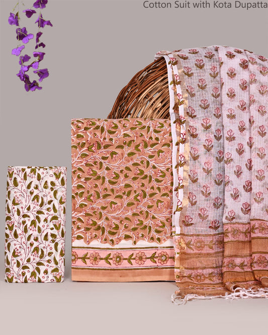 Bagrubazzar Bagru Handblock Printed Cotton Suit Set with Kota Doria Dupatta