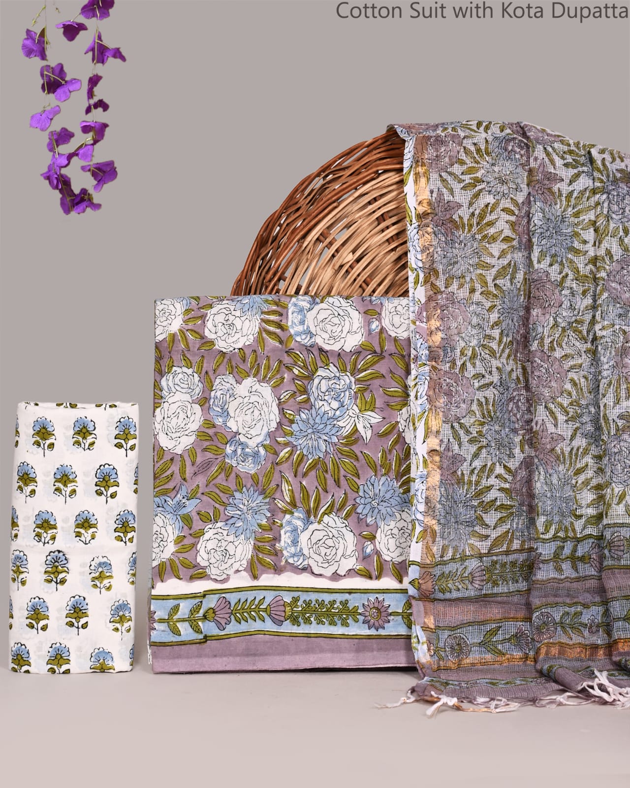 Bagrubazzar Traditional Hand Block Print Cotton Suit with Kota Doria Dupatta | Unstitched Ethnic Suit Set
