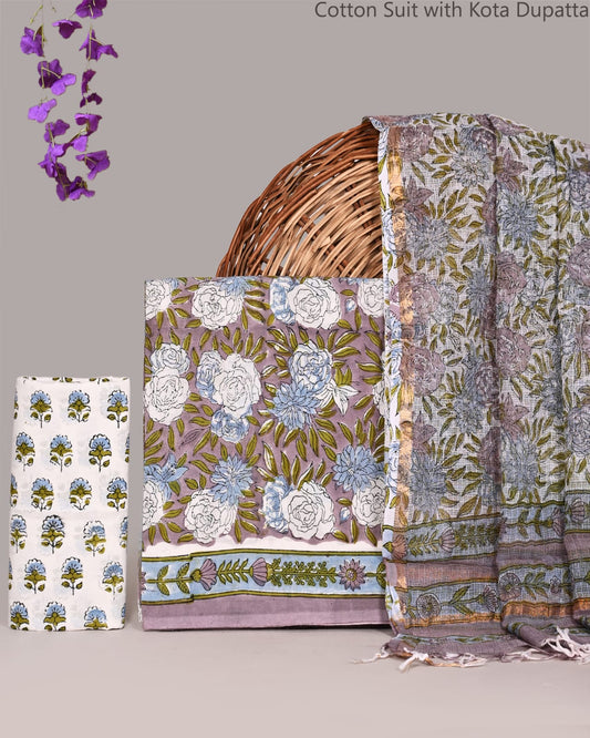 Bagrubazzar Traditional Hand Block Print Cotton Suit with Kota Doria Dupatta | Unstitched Ethnic Suit Set