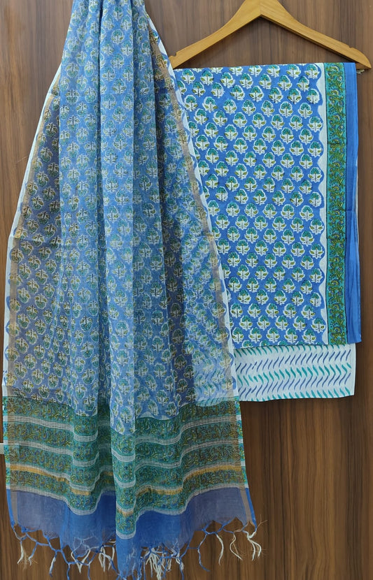 Designer Handblock Printed Cotton Suit Set with Kota Doria Dupatta | Indian Ethnic Outfit