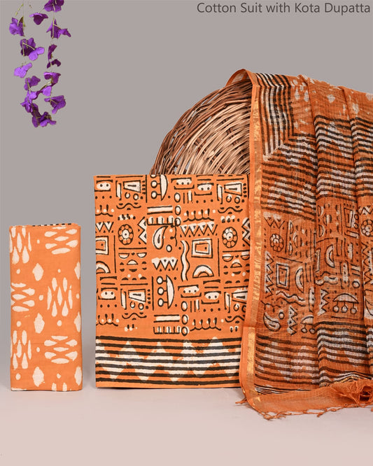 Bagrubazzar Bagru Handblock Print Cotton Unstitched Suit Set with Kota Doria Dupatta