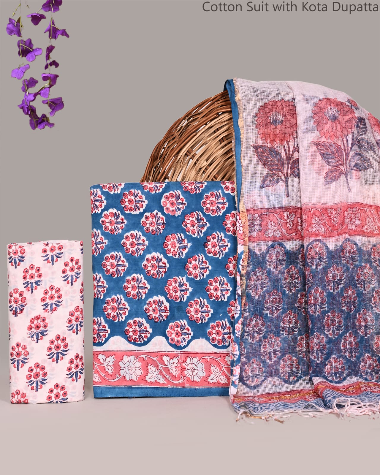 Bagrubazzar Handblock Printed Cotton Unstitched Suit Set with Kota Doria Dupatta for Women