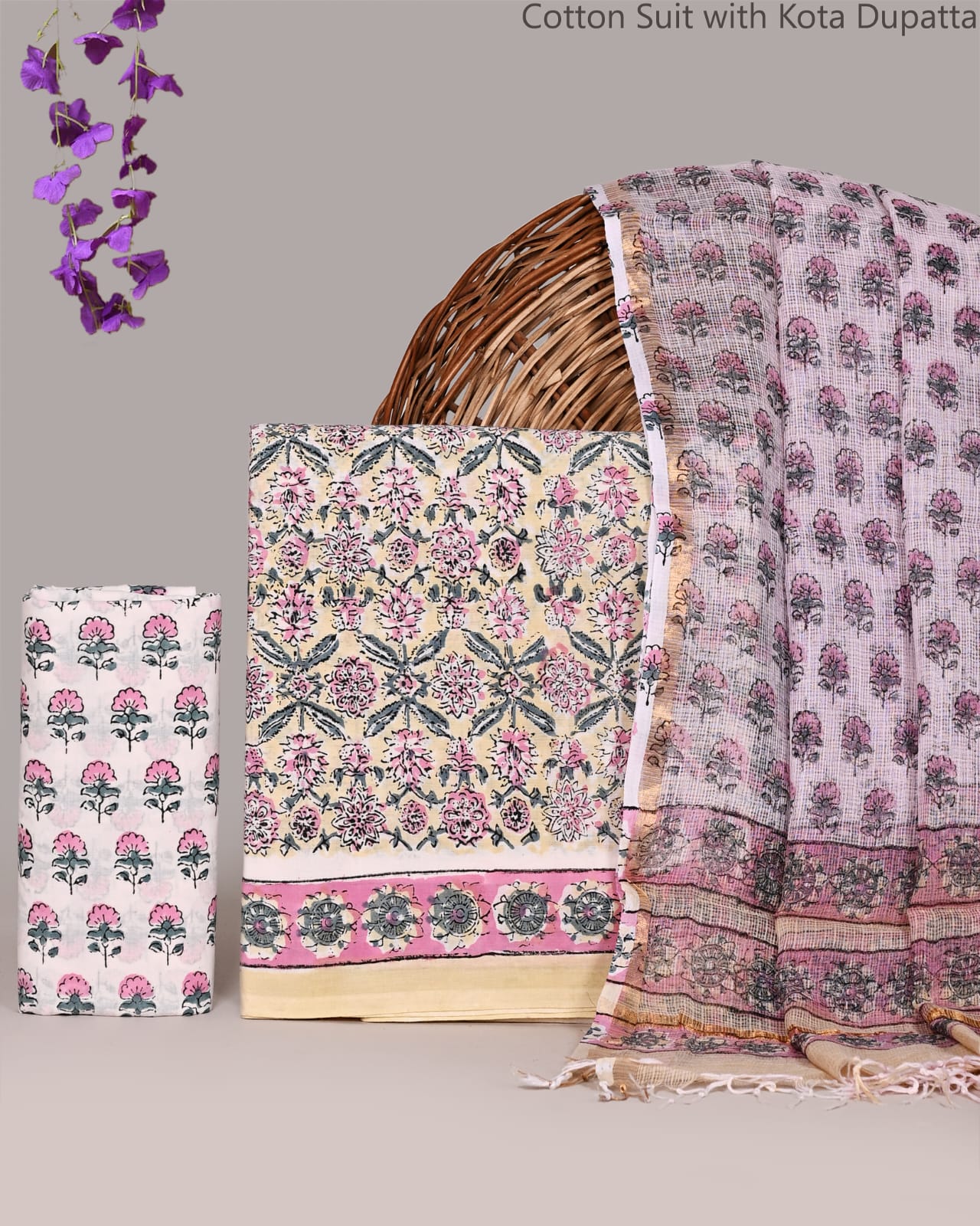 Bagrubazzar Unstitched Cotton Suit Set with Bagru Handblock Print & Kota Doria Dupatta