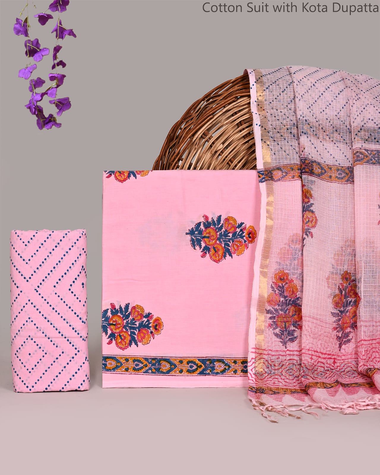 Bagrubazzar Jaipur Bagru Handblock Printed Cotton Suit with Kota Doria Dupatta