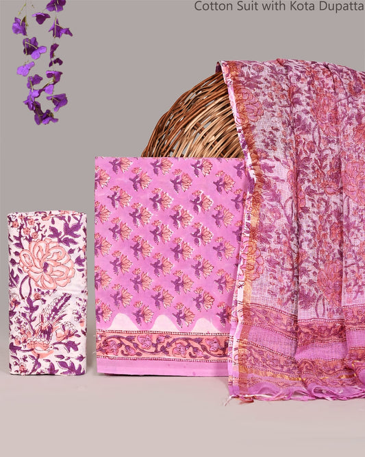 Bagrubazzar Ethnic Wear Handblock Printed Cotton Suit with Kota Doria Dupatta