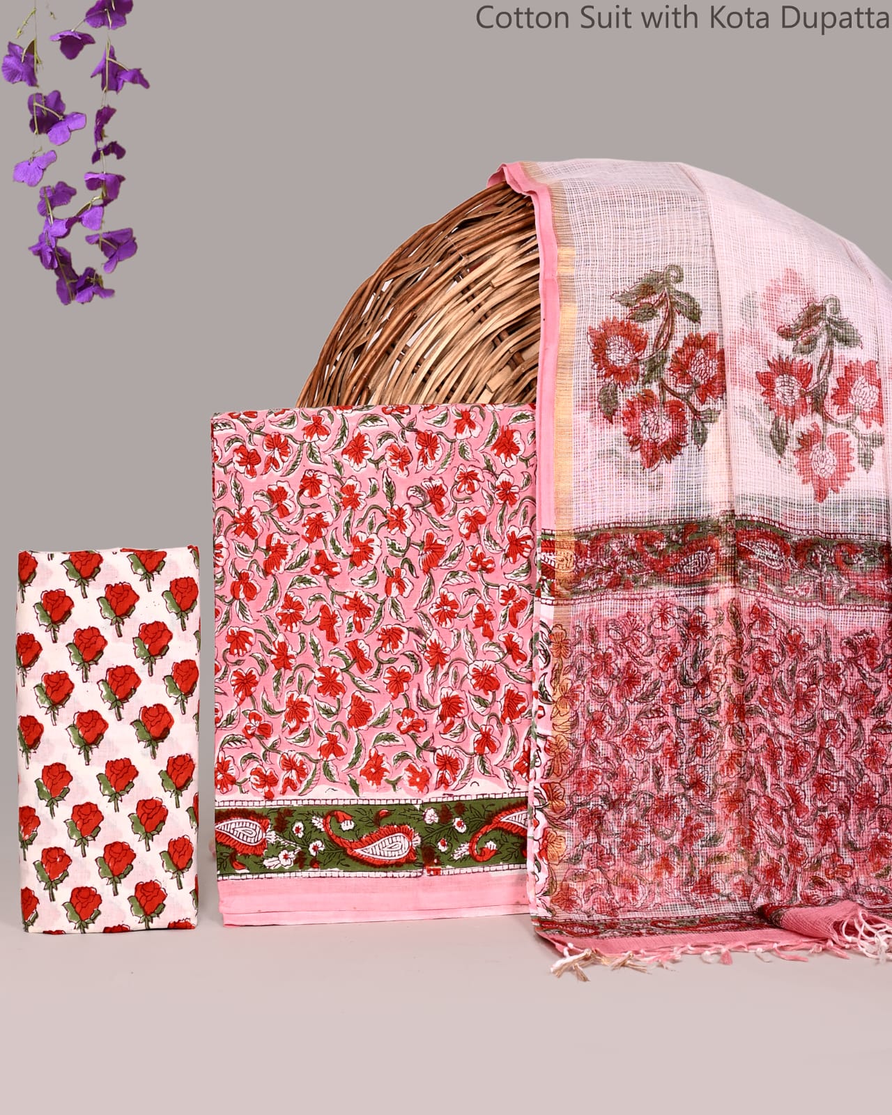 Bagrubazzar Designer Handblock Printed Cotton Suit Set with Kota Doria Dupatta
