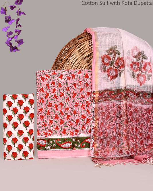 Bagrubazzar Designer Handblock Printed Cotton Suit Set with Kota Doria Dupatta