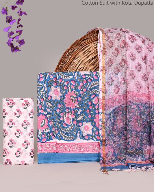 Bagrubazzar Bagru Hand Block Print Cotton Unstitched Suit Set with Kota Doria Dupatta