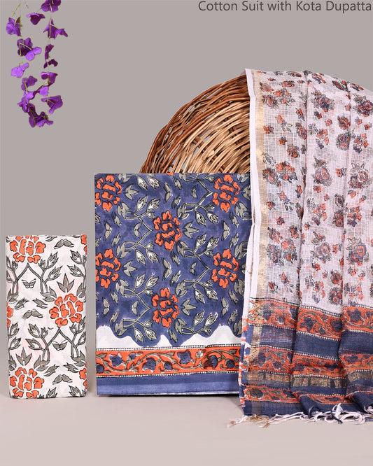 Bagrubazzar Premium Handblock Bagru Print Unstiched Cotton Suit Set with Kota Doria Dupatta