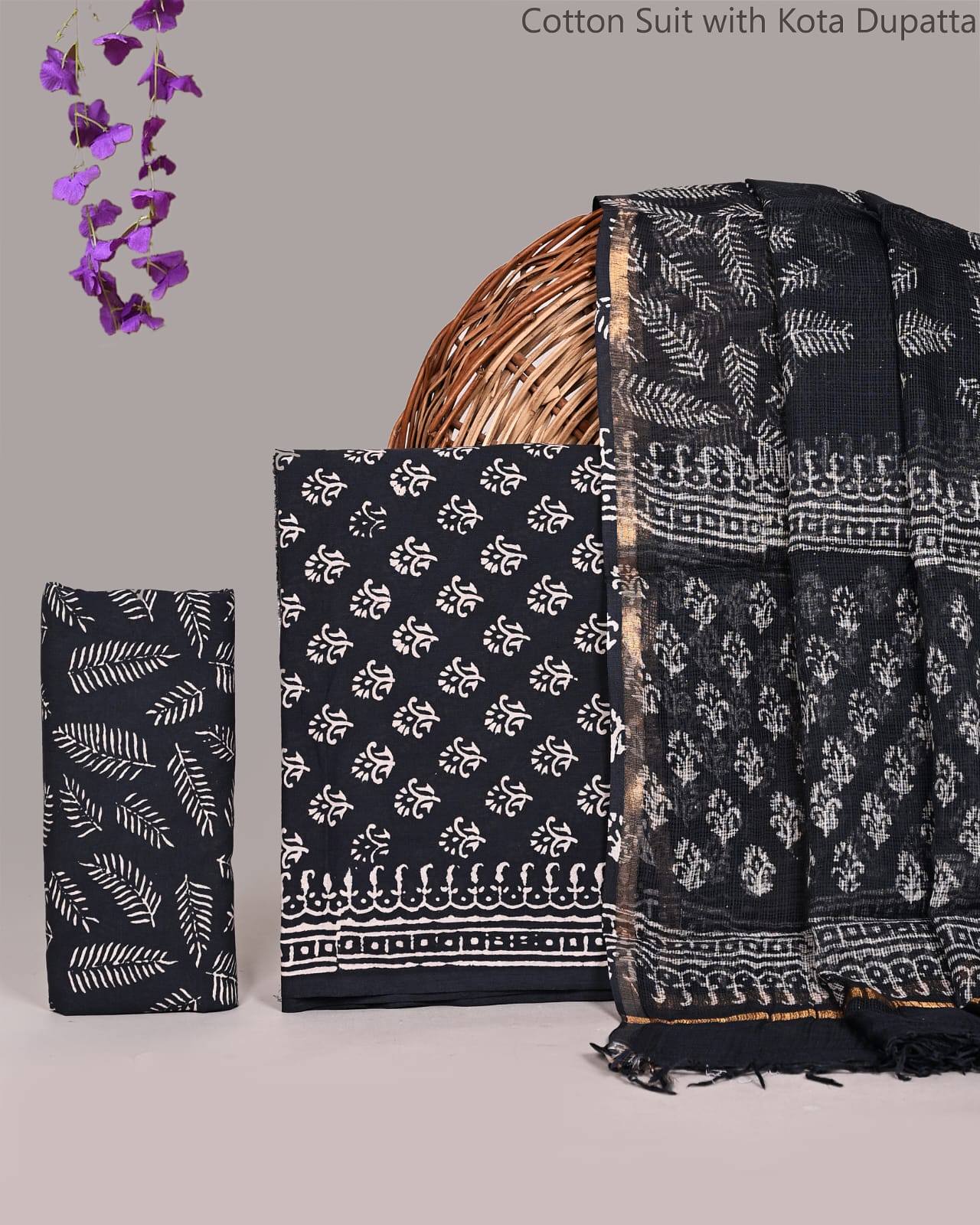 Bagrubazzar Ethnic Handblock Unstiched Bagru Cotton Suit Set with Soft Kota Doria Dupatta