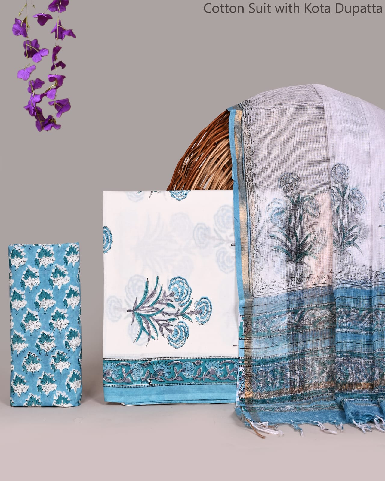 Bagrubazzar Ethnic Wear Bagru Handblock Cotton Suit Set with Kota Doria Dupatta