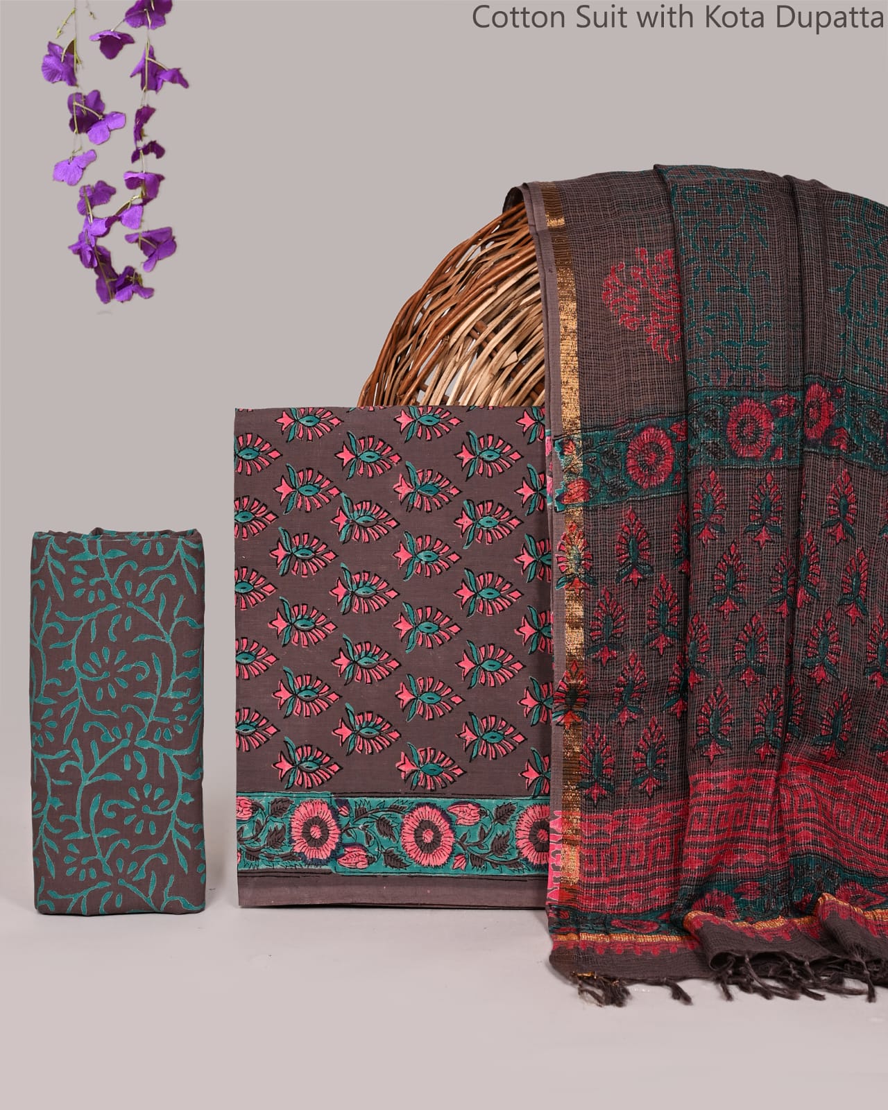 Bagrubazzar Traditional Bagru Handblock Cotton Suit Set with Kota Doria Dupatta