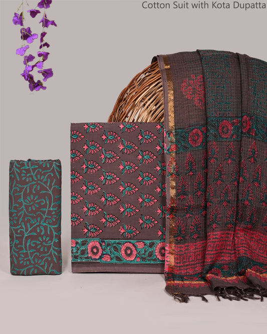 Bagrubazzar Traditional Bagru Handblock Cotton Suit Set with Kota Doria Dupatta