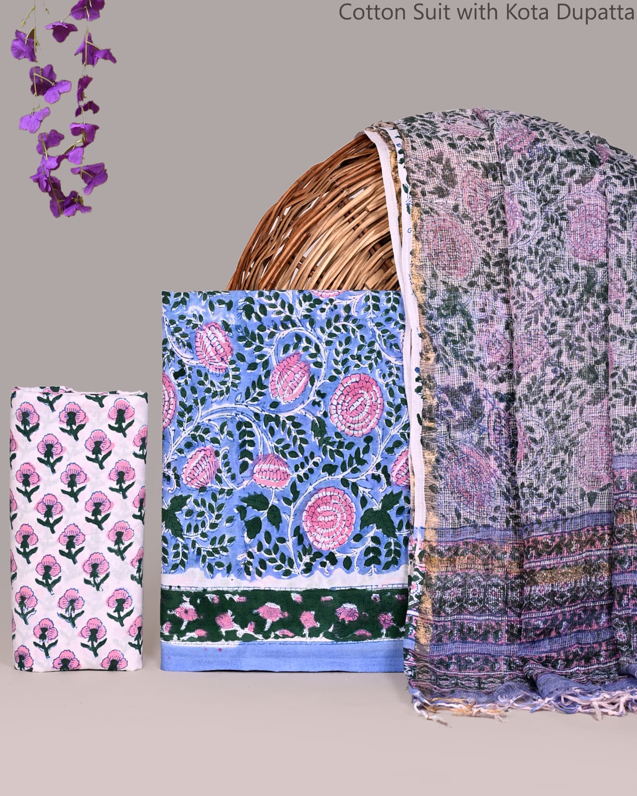 Bagrubazzar Classic Sanganeri Print Unstiched Cotton Suit Set with Kota Doria Dupatta for Women