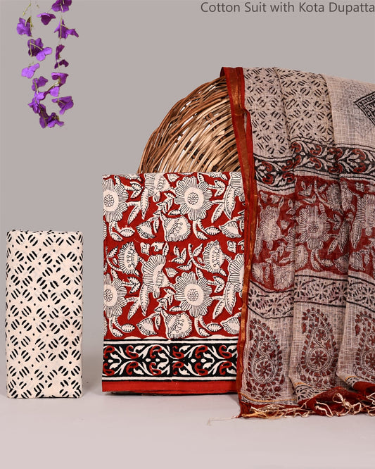 Bagrubazzar Bagru Handblock Printed Unstched Cotton Suit Set with Kota Doria Dupatta