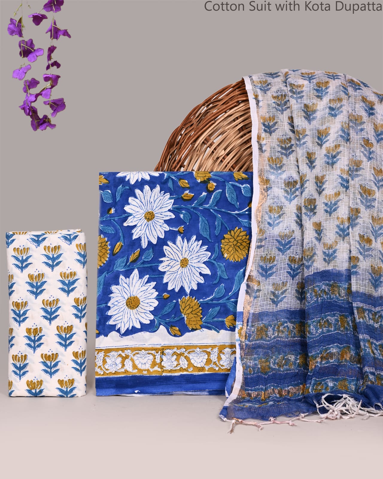 Bagrubazzar Designer Sanganeri Handblock Cotton Suit Set with Kota Doria Dupatta