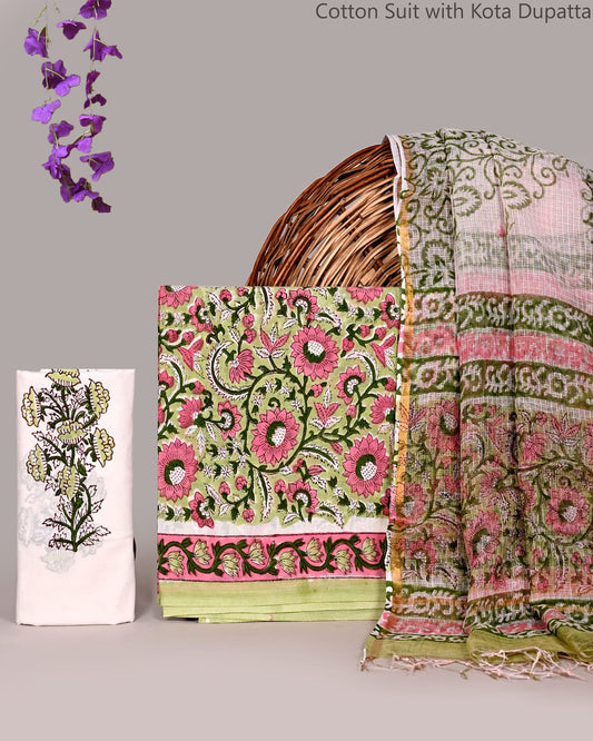 Bagrubazzar Pure Cotton Bagru Print Suit Set with Kota Doria Dupatta for Women