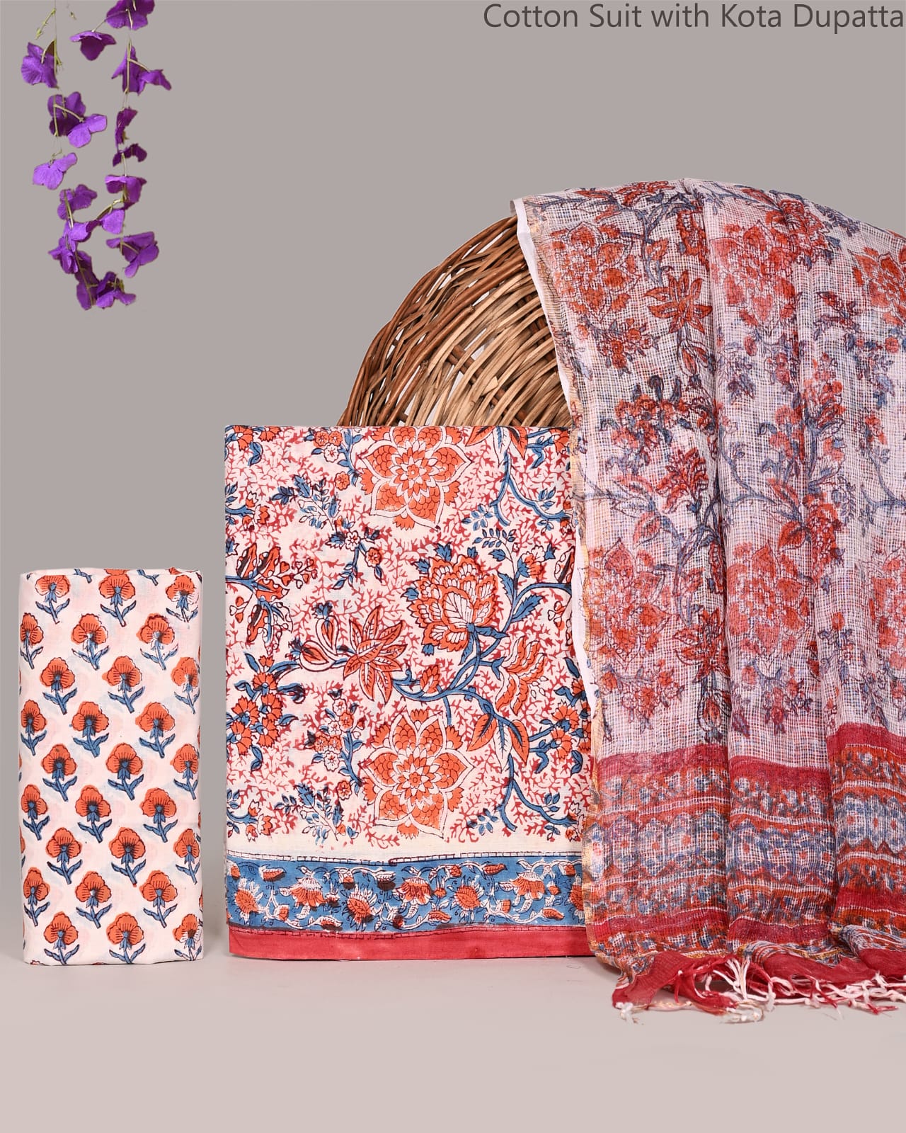 Bagrubazzar Premium Bagru Print Cotton Suit Set with Lightweight Kota Doria Dupatta