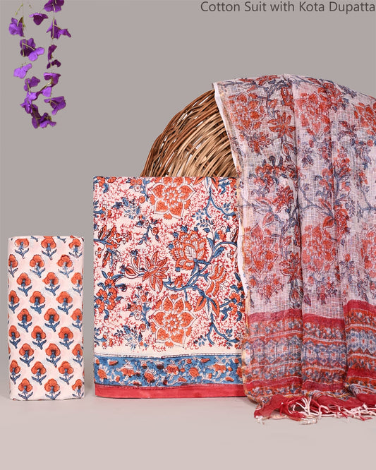 Bagrubazzar Premium Bagru Print Cotton Suit Set with Lightweight Kota Doria Dupatta