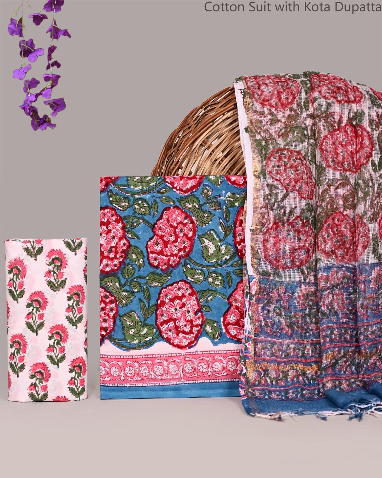 Bagrubazzar Ethnic Bagru Handblock Cotton Suit Set with Kota Doria Dupatta