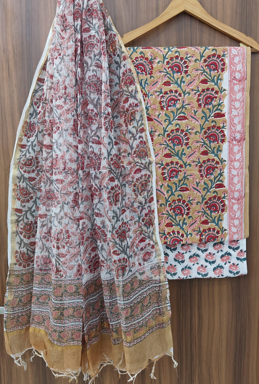 Women’s Ethnic Handblock Print Cotton Suit with Kota Doria Dupatta | Unstitched Dress Material