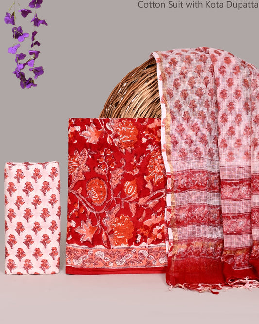 Bagrubazzar Authentic Sanganeri Print Cotton Suit Set with Kota Doria Dupatta