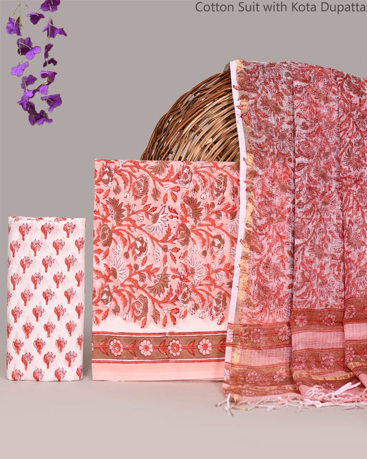 Bagrubazzar Handblock Bagru Print Cotton Suit Set with Kota Doria Dupatta for Women