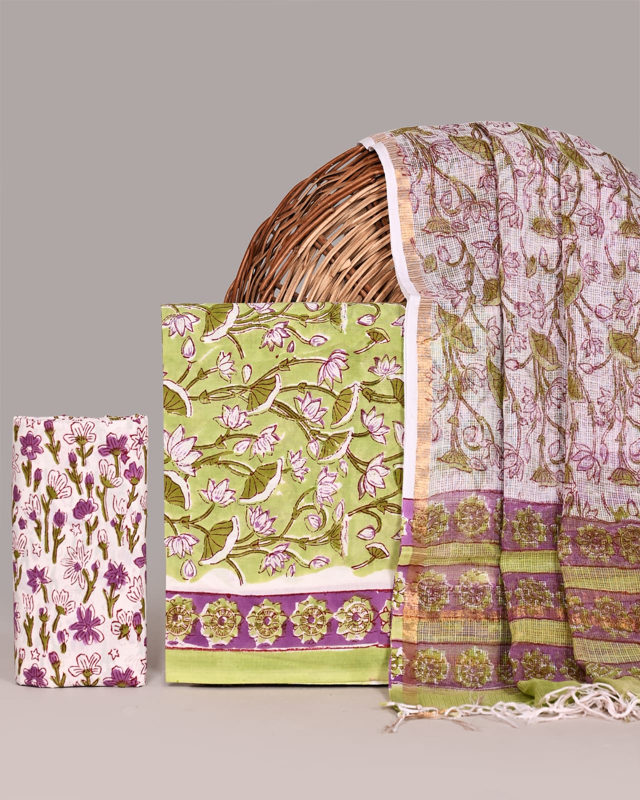 Bagrubazzar Sanganeri Handblock Print Cotton Suit Set with Kota Doria Dupatta