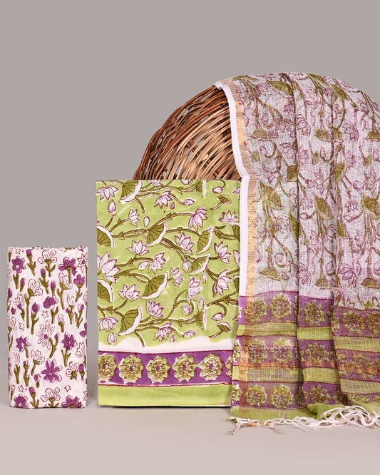 Bagrubazzar Sanganeri Handblock Print Cotton Suit Set with Kota Doria Dupatta