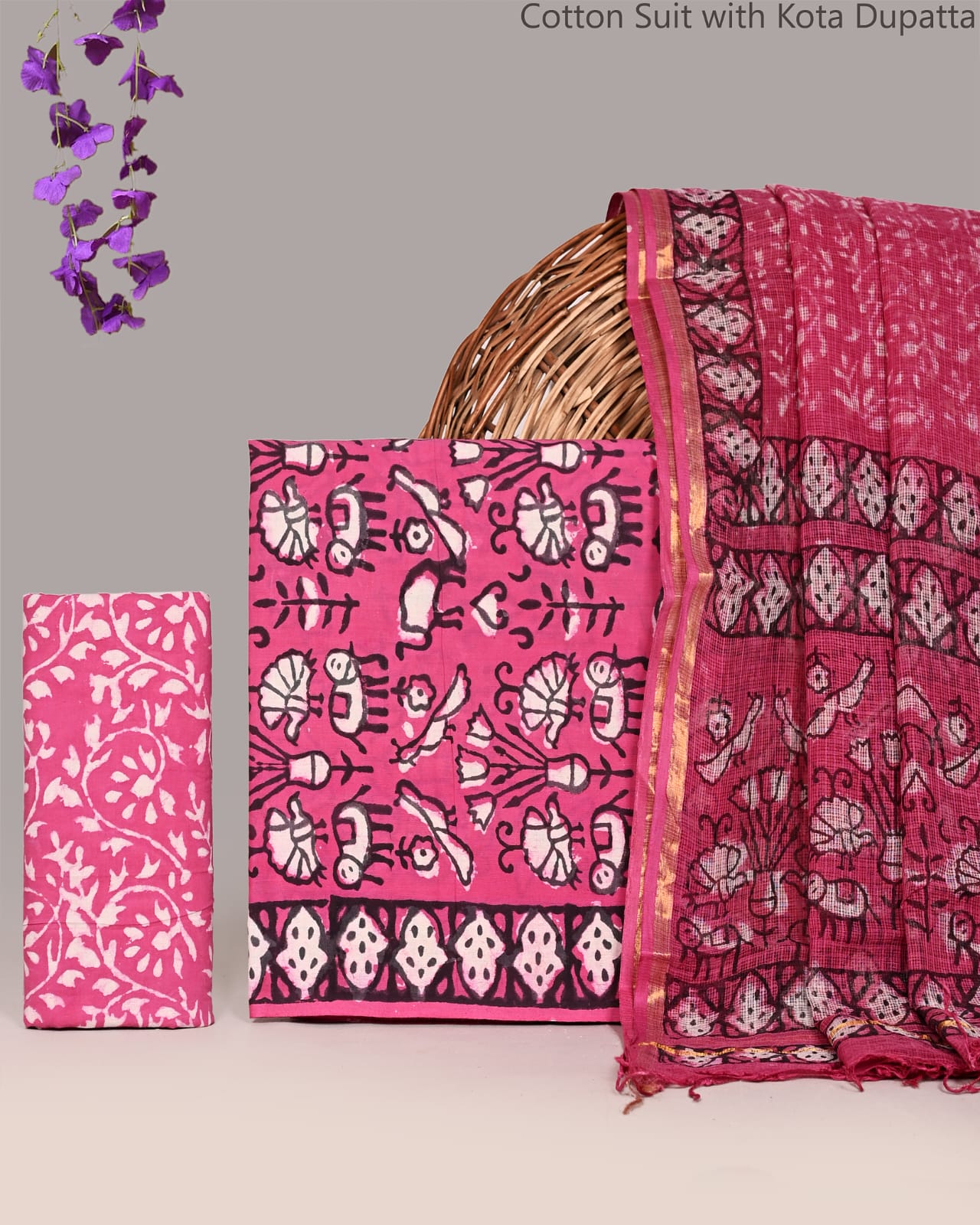 Bagrubazzar Handcrafted Sanganeri Cotton Suit Set with Elegant Kota Doria Dupatta