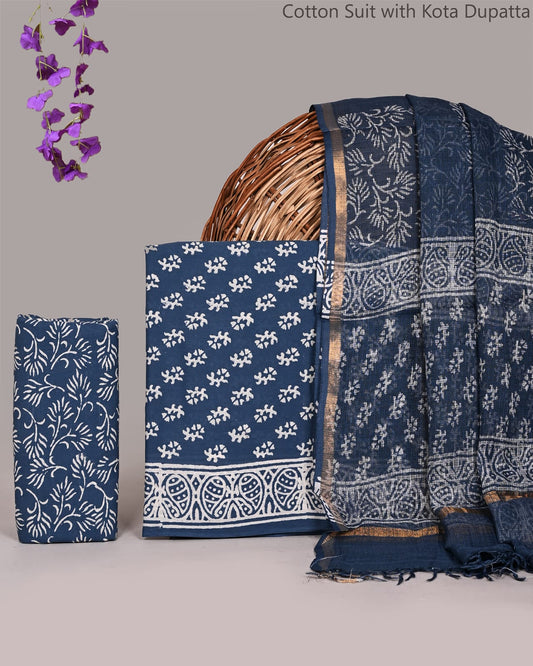 Bagrubazzar Handmade Block Print Cotton Suit Set with Kota Doria Dupatta