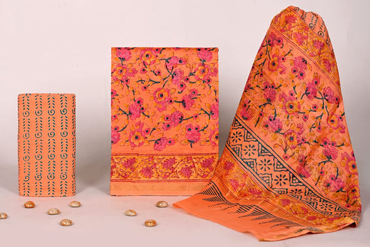 Designer Jaipur Handblock Print Chanderi Unstitched Suit Set with Dupatta