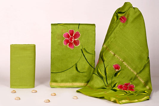 Designer Handblock Print Chanderi Unstitched Suit Set for Women
