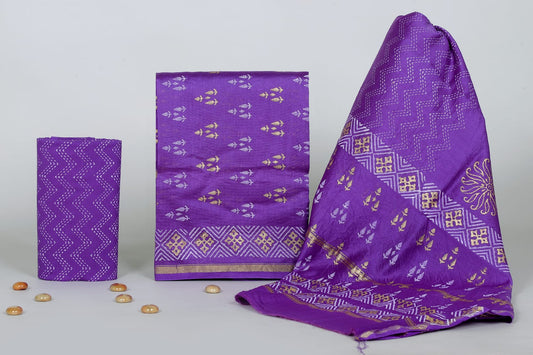 Bagrubazzar Handblock Printed Chanderi Silk Unstitched Suit with Dupatta for Women Wear
