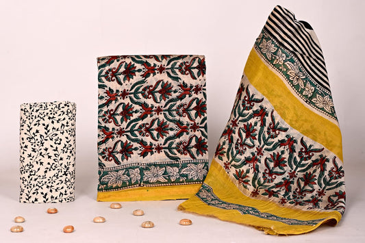 Bagrubazzar Premium Handblock Printed Chanderi Silk Suit Fabric Unstitched with Dupatta