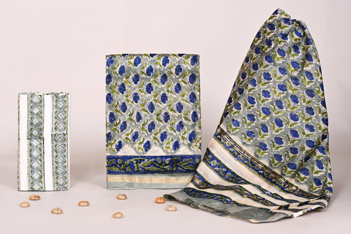 Bagrubazzar Traditional Hand Block Print Chanderi Silk Unstitched Suit Set with Dupatta