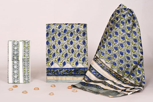 Bagrubazzar Traditional Hand Block Print Chanderi Silk Unstitched Suit Set with Dupatta