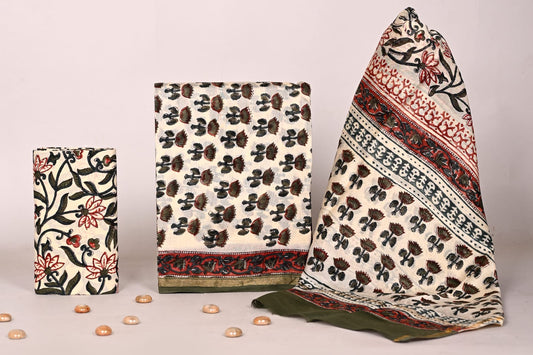 Premium Sanganeri Hand Block Printed Chanderi Unstitched Suit Set with Dupatta