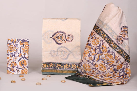 Sanganeri Hand Block Print Chanderi Unstitched Suit Set for Women with Dupatta