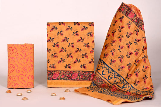 Ethnic Bagru Handblock Printed Chanderi Unstitched Suit Set – Designer Collection