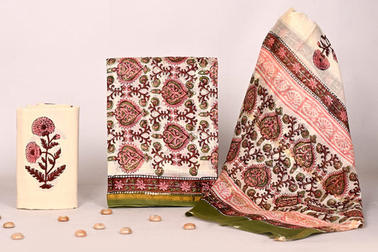 Elegant Bagru Print Chanderi Unstitched Suit Set – Ethnic Wear for Women