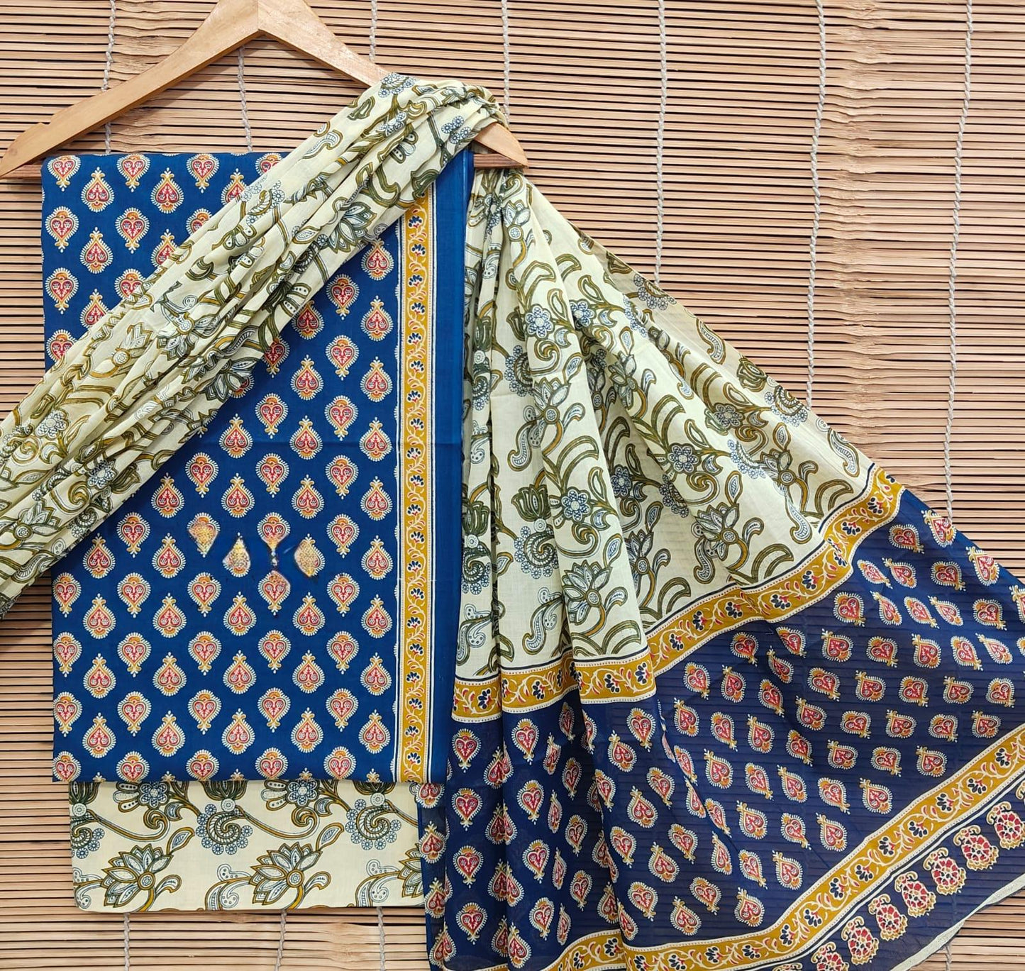 Unstitched Cotton Suit Set with Handblock Print Cotton Dupatta – Bagrubazzar