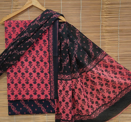 Bagrubazzar Ladies Unstitched Cotton Suit Set with Handblock Jaipur Print & Cotton Dupatta – Traditional Indian Outfit