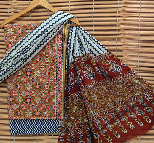 Bagrubazzar Hand Block Printed Cotton Unstitched Suit for Women with Cotton Dupatta