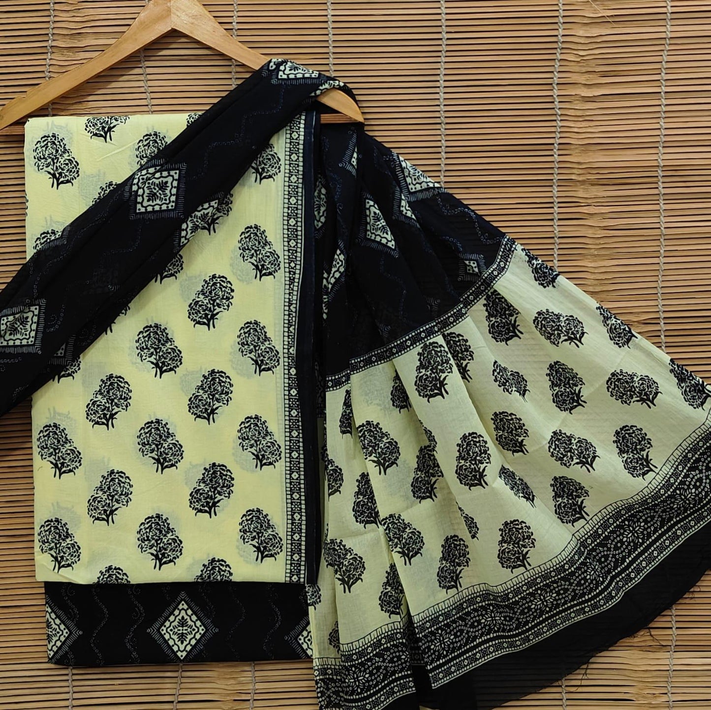 Bagrubazzar Bagru Handblock Printing Unstitched Cotton Suit Set for Women with Cotton Dupatta