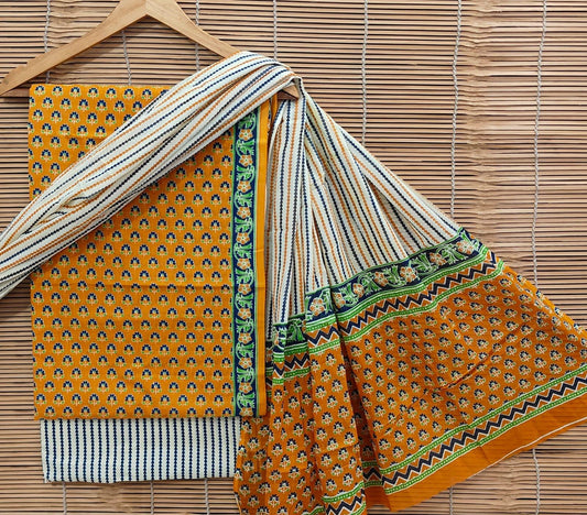 Bagrubazzar Handmade Bagru Hand Brush Paint Cotton Suit with Cotton Dupatta (Unstitched)