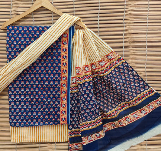 Bagrubazzar Hand Brush Painted Cotton Suit Set Unstitched with Cotton Dupatta
