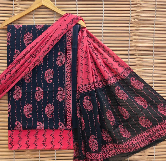 Bagrubazzar Bagru Hand Painted Unstitched Cotton Suit with Cotton Dupatta Set